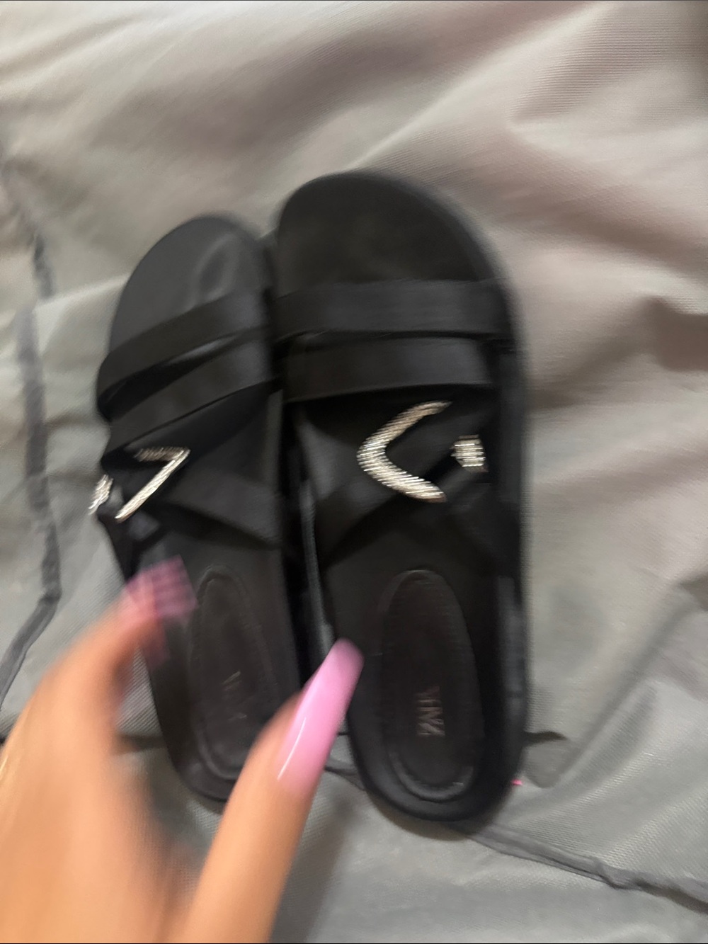 Black Women's Slide Sandals with Rhinestone Accent